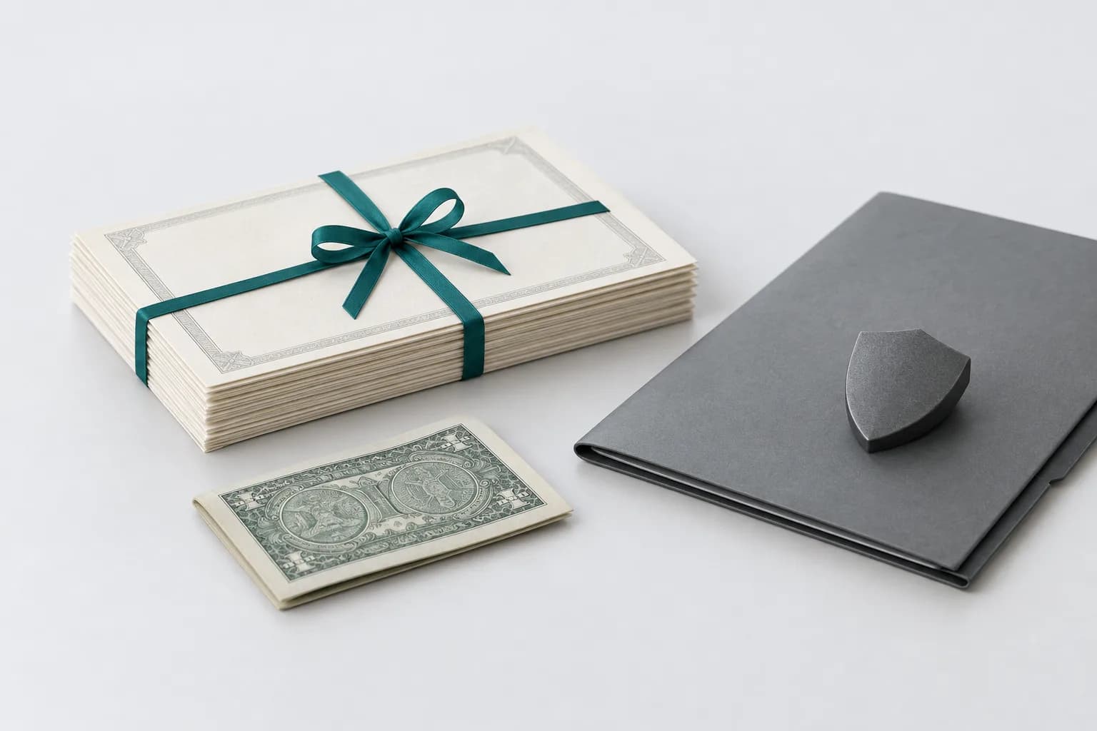 A stack of matte bond certificates tied with a turquoise ribbon, next to a dollar bill and an insurance policy in a folder on a light background