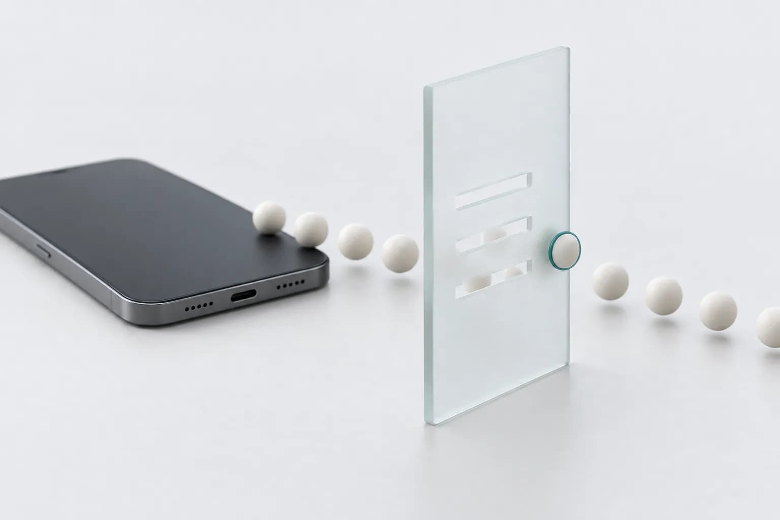 A smartphone with a blank screen and a frosted glass filter panel holding back a single turquoise-outlined ball, on a light background