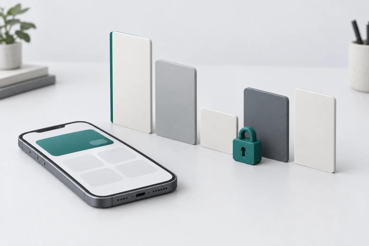 A smartphone with an abstract wallet screen, a row of blank review cards of different heights and a small padlock on a light desk — illustration for Asterium user reviews