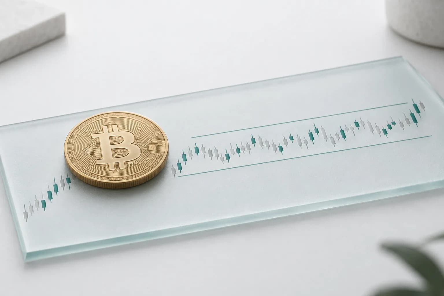 Shisha panel ustidagi mat bitkoin tanga va shamchalar grafigi — BTC kursi haqidagi material uchun illyustratsiya