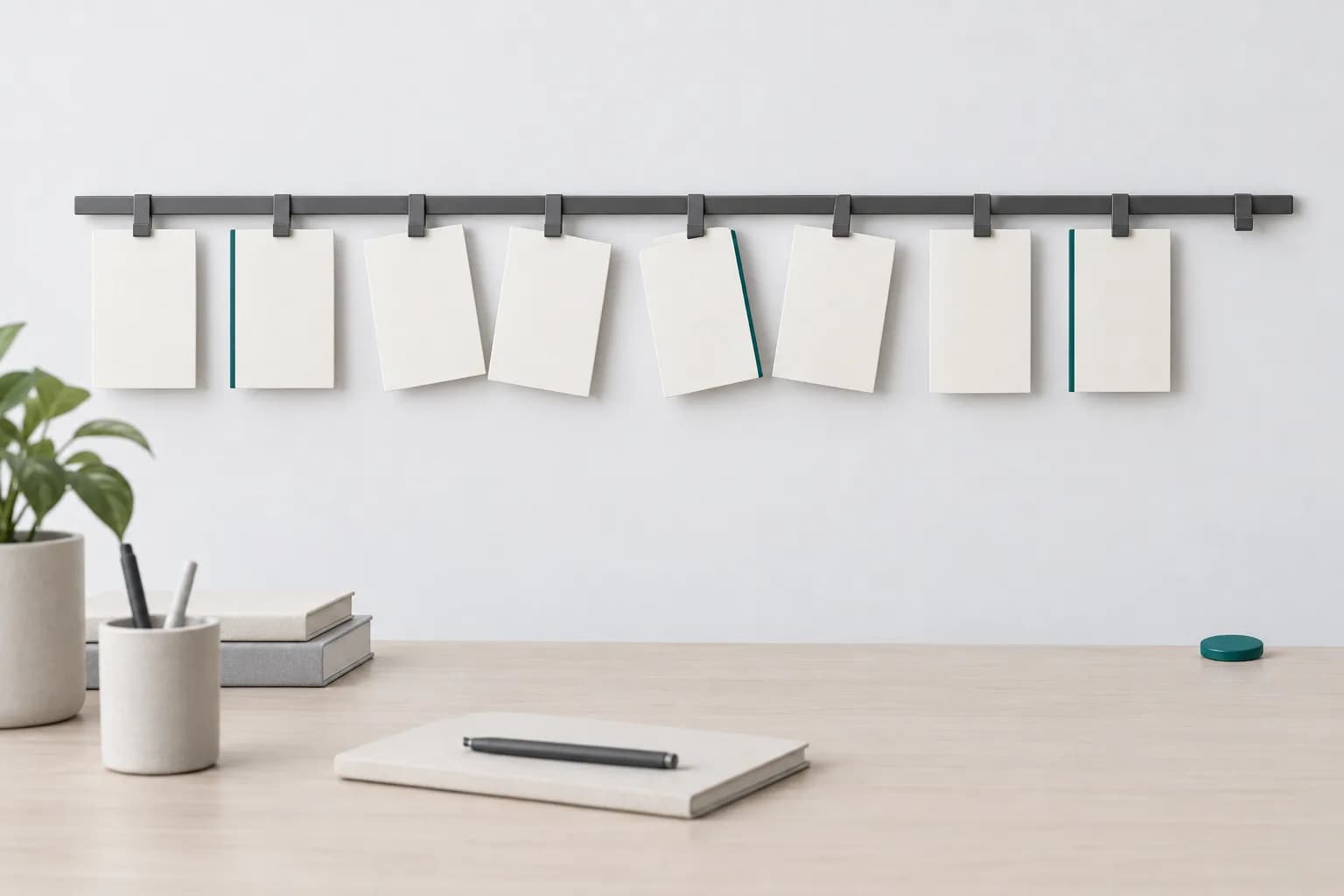 A thin rail on a light wall with blank review cards on clips lined up like a timeline, three of them with a turquoise edge; under the last empty clip a matte token lies on the desk — illustration for reviews of the CityPay crypto wallet in Paynet
