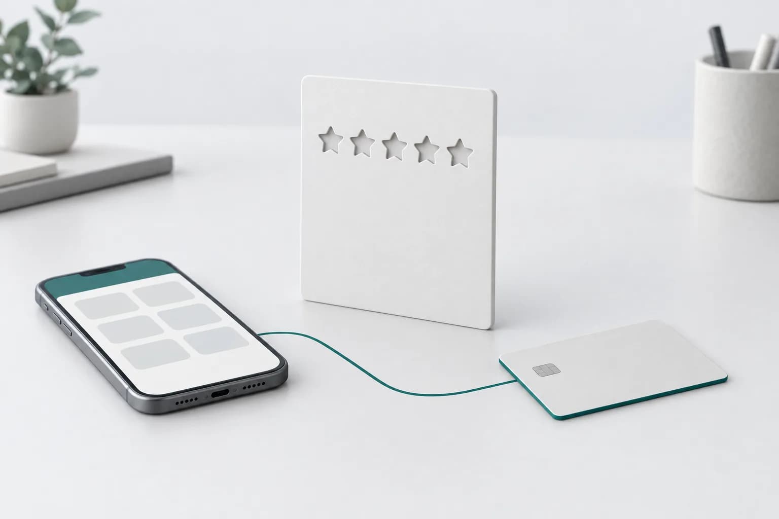 A blank white review card with no stars next to a smartphone and a bank card on a light desk — illustration for user reviews of the COINPAY crypto exchange