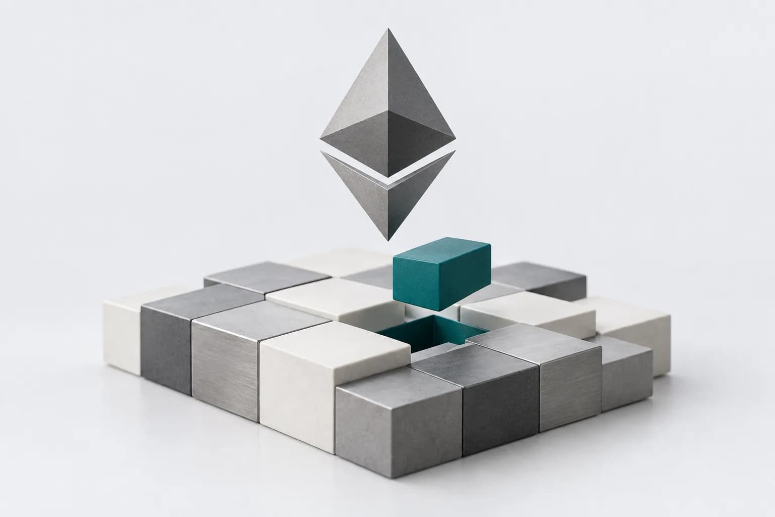 Bloklar to‘ri tushirilgan yorug‘ panel ustidagi Ethereum ramzi shaklidagi mat hajm — Glamsterdam yangilanishi haqidagi material uchun illyustratsiya