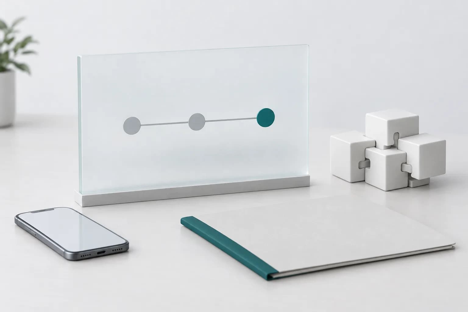 A matte glass panel with a three-phase roadmap, next to a smartphone and a document folder with a turquoise spine on a light background