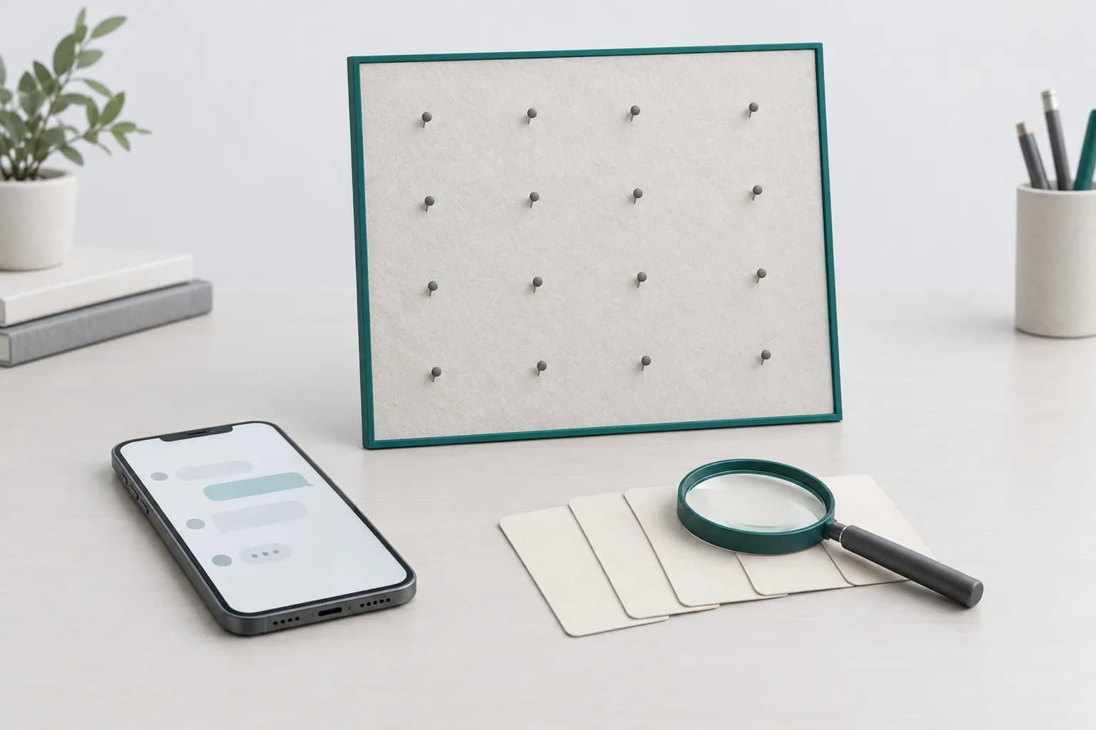 An empty review board without a single card, a smartphone with an abstract chat screen and a magnifying glass over face-down blank cards — illustration for a roundup of FTprofit reviews