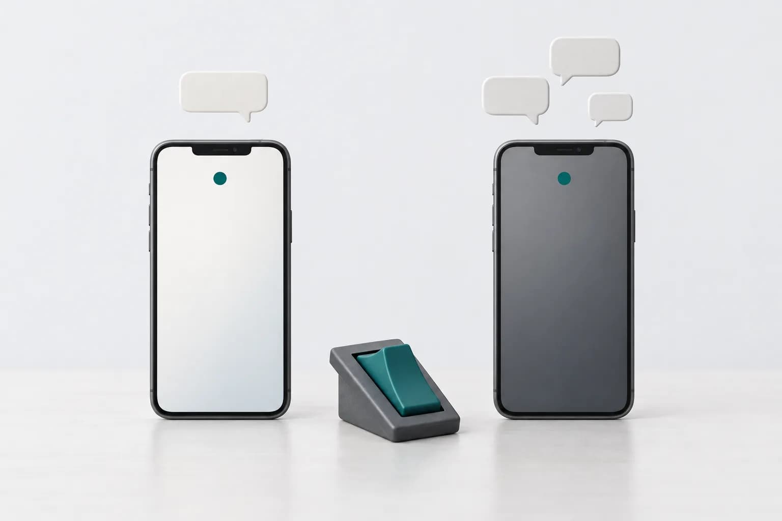 Two smartphones on a light desk, one with a light and one with a graphite interface made of blank tiles, with a row of review cards in front of them, the rightmost ones tilted — illustration for reviews of the GoInvest app