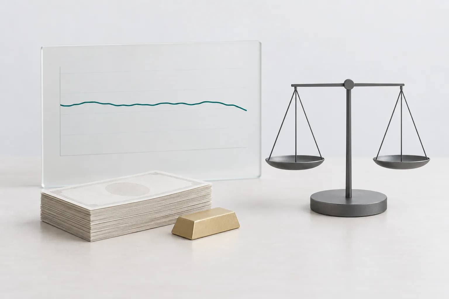 A matte panel with an almost flat exchange rate line, a stack of banknotes, a gold bar and balanced scales on a light background