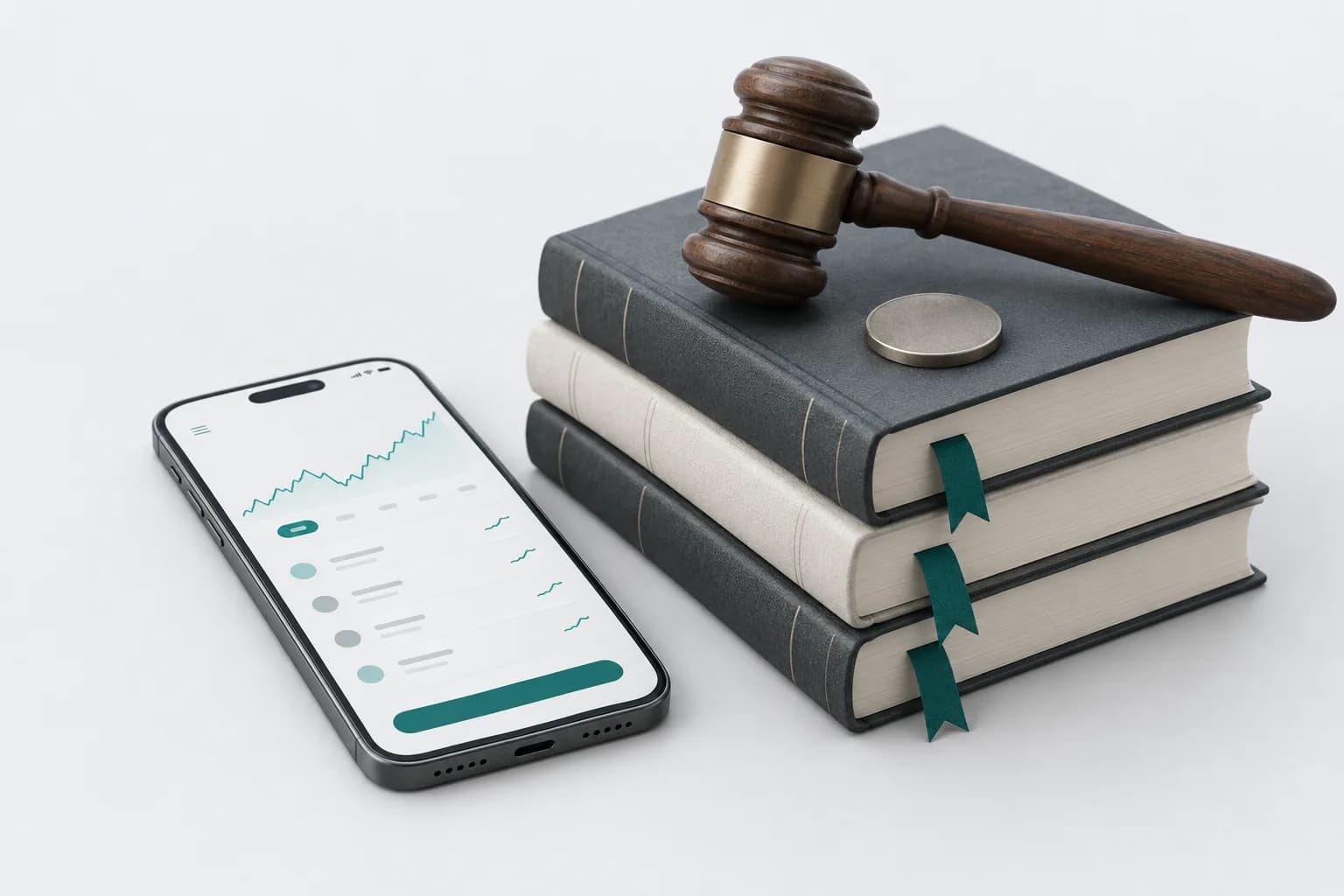 A smartphone with an exchange app next to a judge’s gavel and a stack of legal codes with turquoise bookmarks — illustration for an article on crypto fines in Uzbekistan