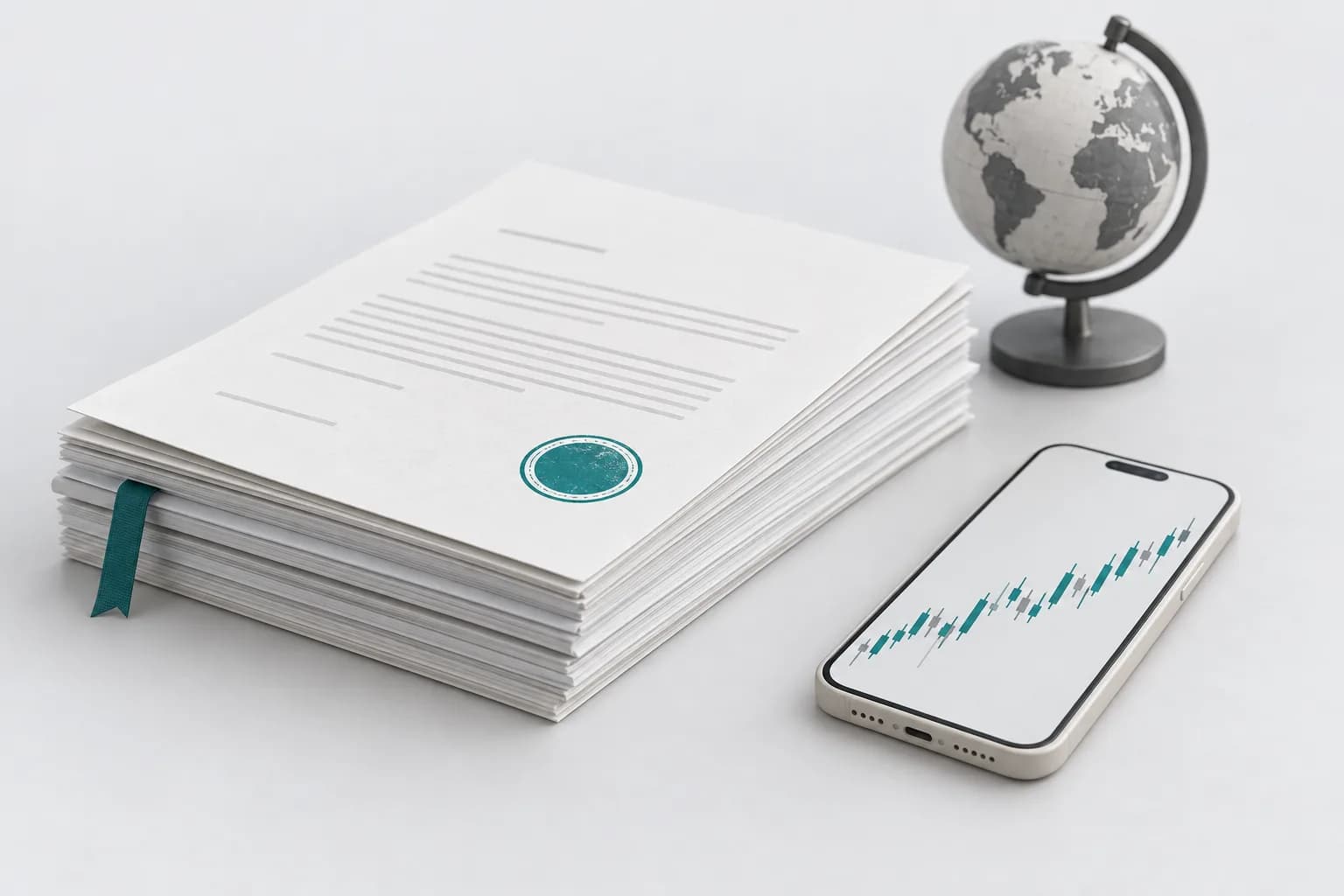 A stack of documents with a turquoise seal, next to a smartphone showing an exchange chart and a globe on a light desk — illustration for an article on draft fines for foreign crypto exchanges in Uzbekistan