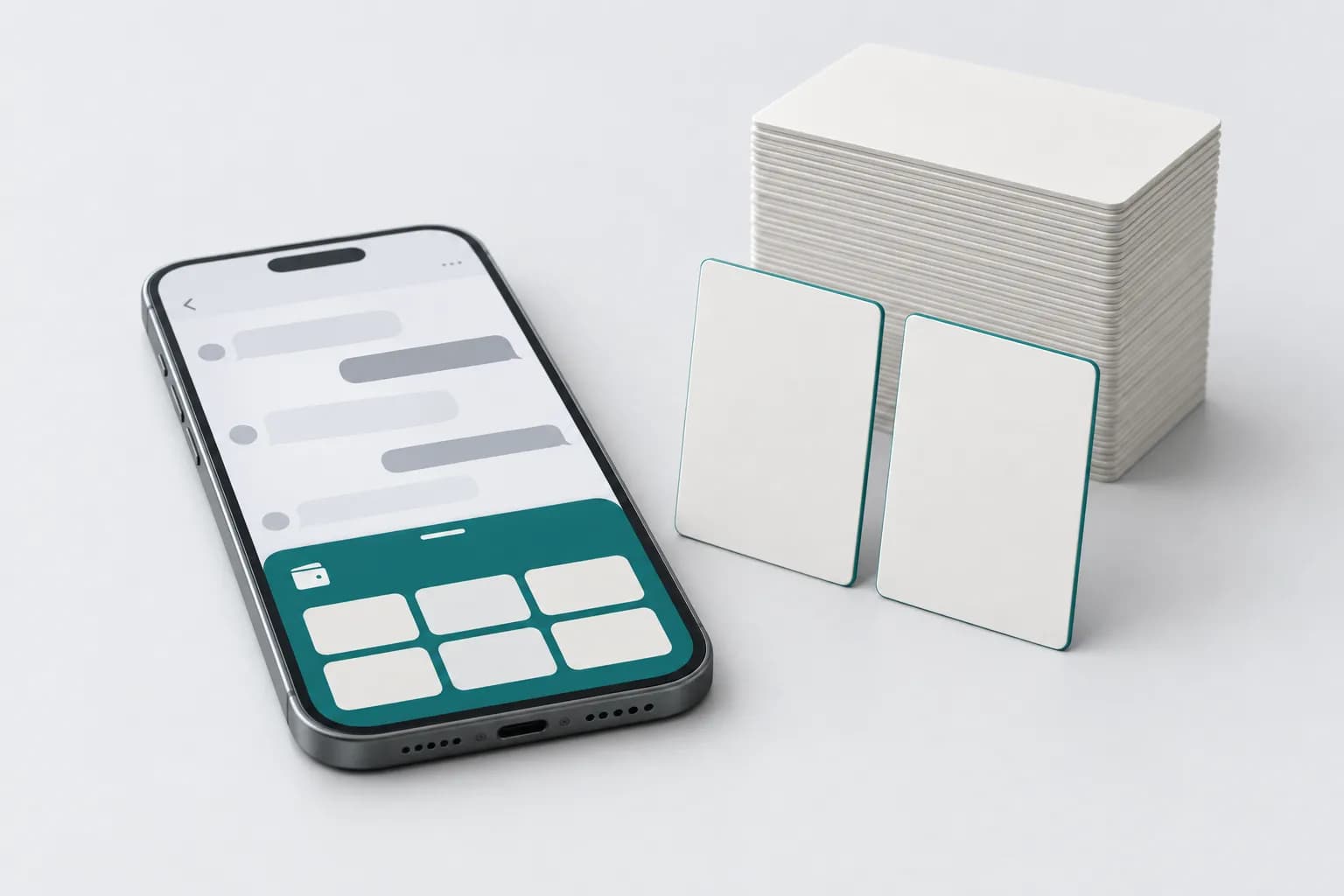A smartphone with an abstract messenger screen and a built-in wallet panel next to two review cards and a stack of blank cards on a light desk — illustration for Telegram Wallet reviews in Uzbekistan