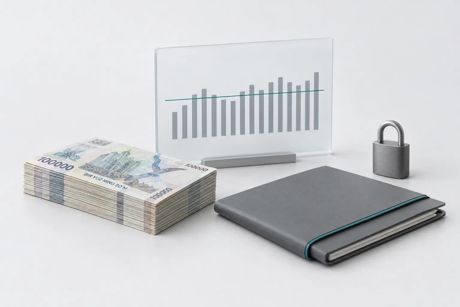 A stack of soum banknotes and a matte panel with bars of different heights next to a bank contract folder on a light background