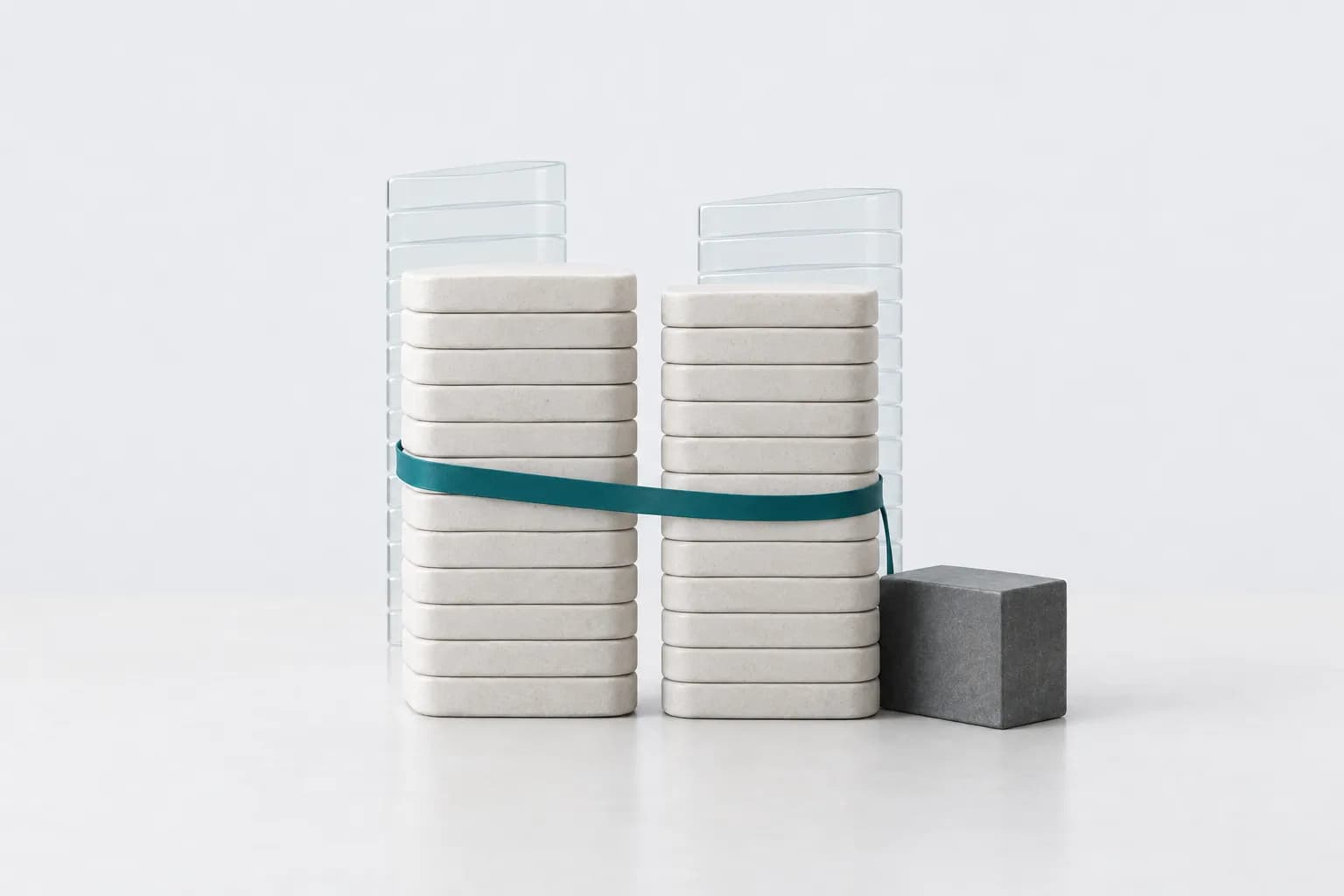 Two nearly equal stacks of matte light slabs tied with a thin turquoise ribbon, with translucent outlines of their former height, on a light background