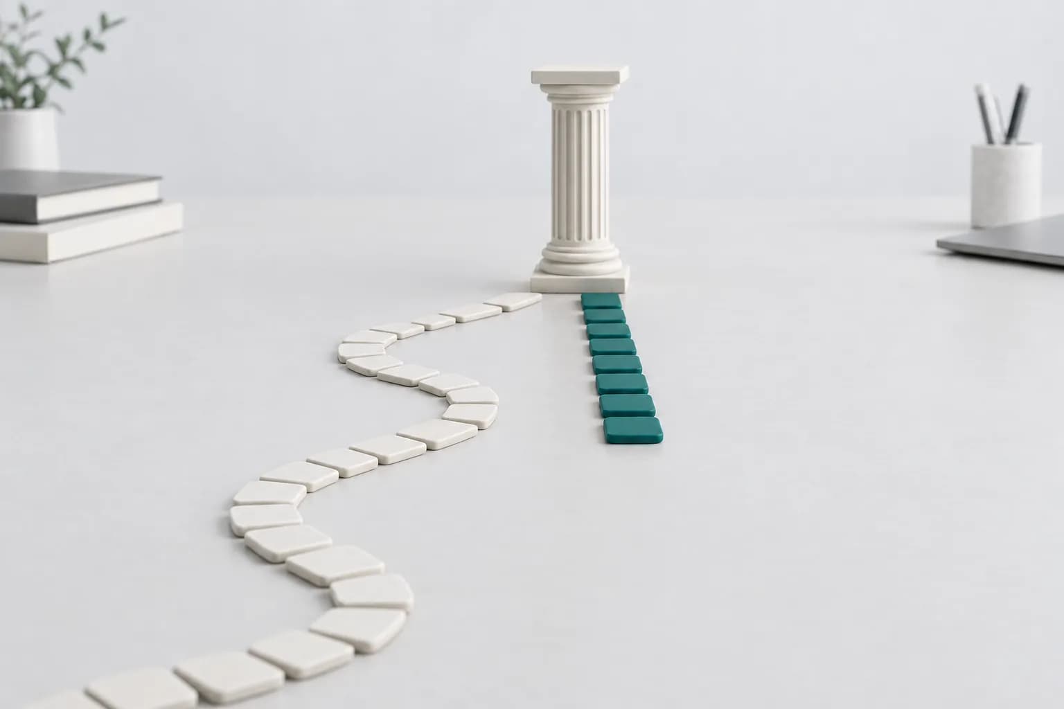 A miniature matte column on a light table, approached by a long winding path of light tiles and a short straight path of turquoise ones