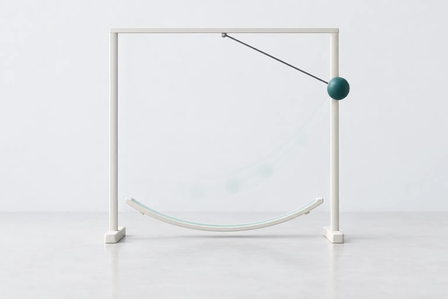 A minimalist pendulum on a light frame: a turquoise weight at the top of its swing above a curved matte track — illustration for bitcoin’s brief rise above $87,000 on the day of the US jobs report