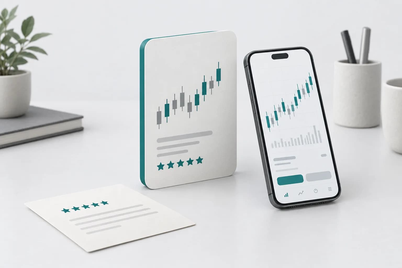 Savdo platformasining mat kartasi va och stol ustida birja ilovasi ochilgan smartfon