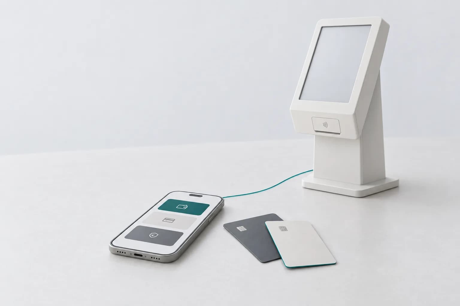 A matte smartphone with an abstract wallet dashboard next to a payment kiosk terminal and two cards in different shades on a light desk — illustration for a review of the CityPay crypto wallet in Paynet