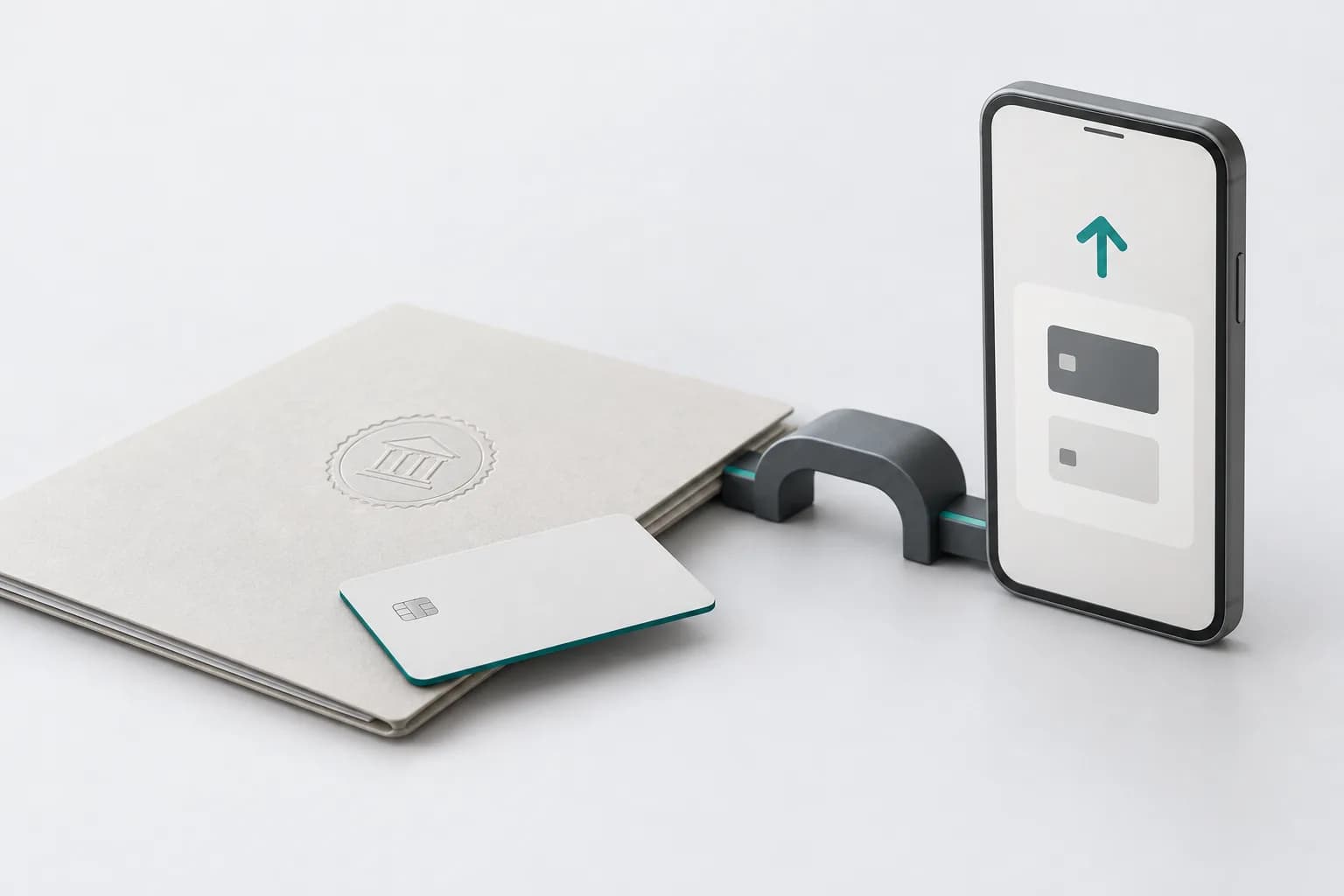 A license folder with a seal, a smartphone with an abstract deposit dashboard and a bank card on a light desk — illustration for a review of the COINPAY crypto exchange