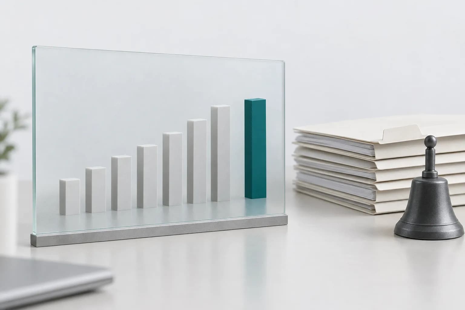 A frosted glass panel with a rising row of bars and a single turquoise column on a light background, next to a stack of document folders