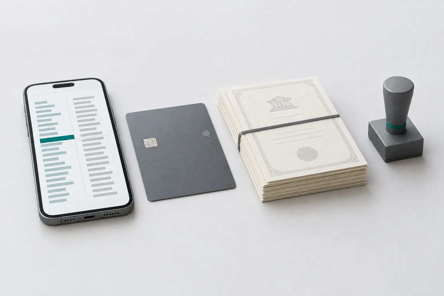 A smartphone showing an exchange order book, a stack of documents and a bank card on a light desk — illustration for a guide on buying stocks in Uzbekistan