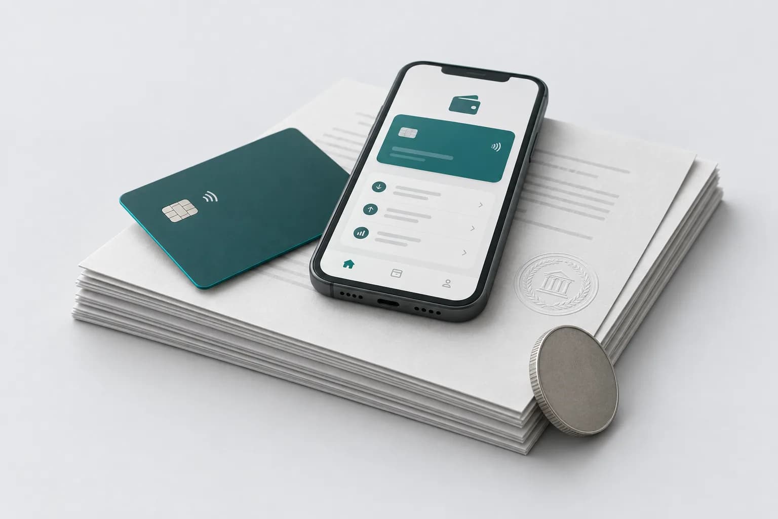 Yorug‘ stol ustida bank kartasi va hamyon ilovasi ochilgan smartfon, yonida hujjatlar dastasi — kriptovalyutani qonuniy sotib olish qo‘llanmasi uchun illyustratsiya