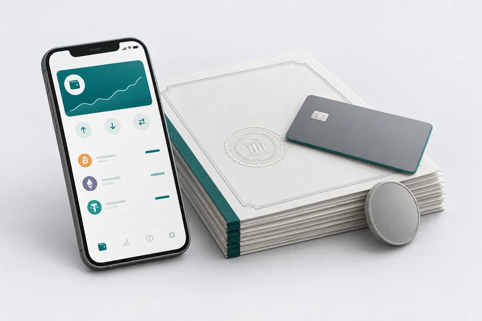Och rangli stolda kripto-hamyon ilovasi ochilgan smartfon va bank kartasi, yonida rasmiy hujjatlar to‘plami — O‘zbekistonda kriptovalyutani qonuniy sotib olish bo‘yicha qo‘llanmaga illyustratsiya