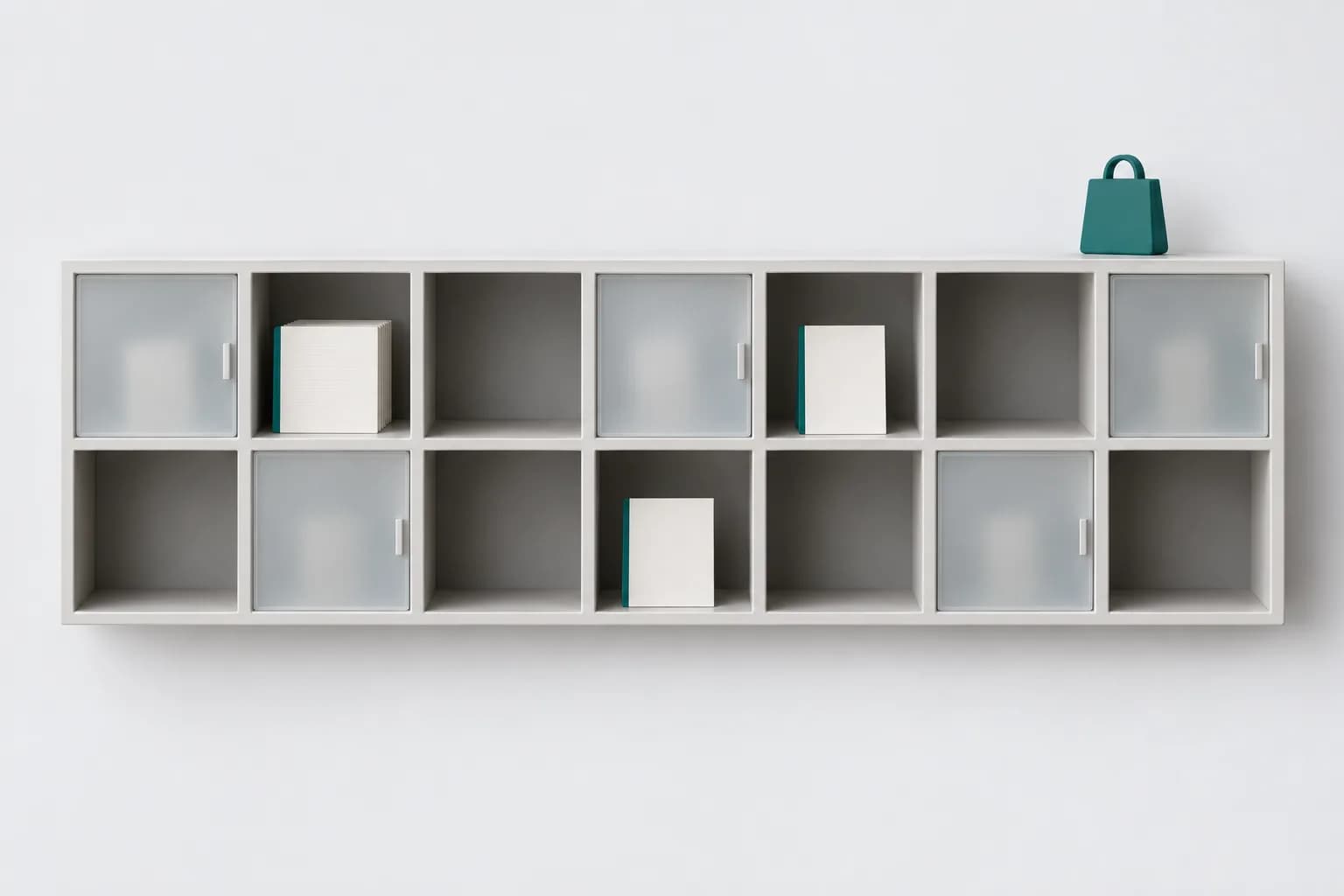 A modular shelf of matte cells: some are closed with translucent doors, review cards stand in three of the open ones and the rest are empty — illustration for reviews of licensed crypto stores in Uzbekistan