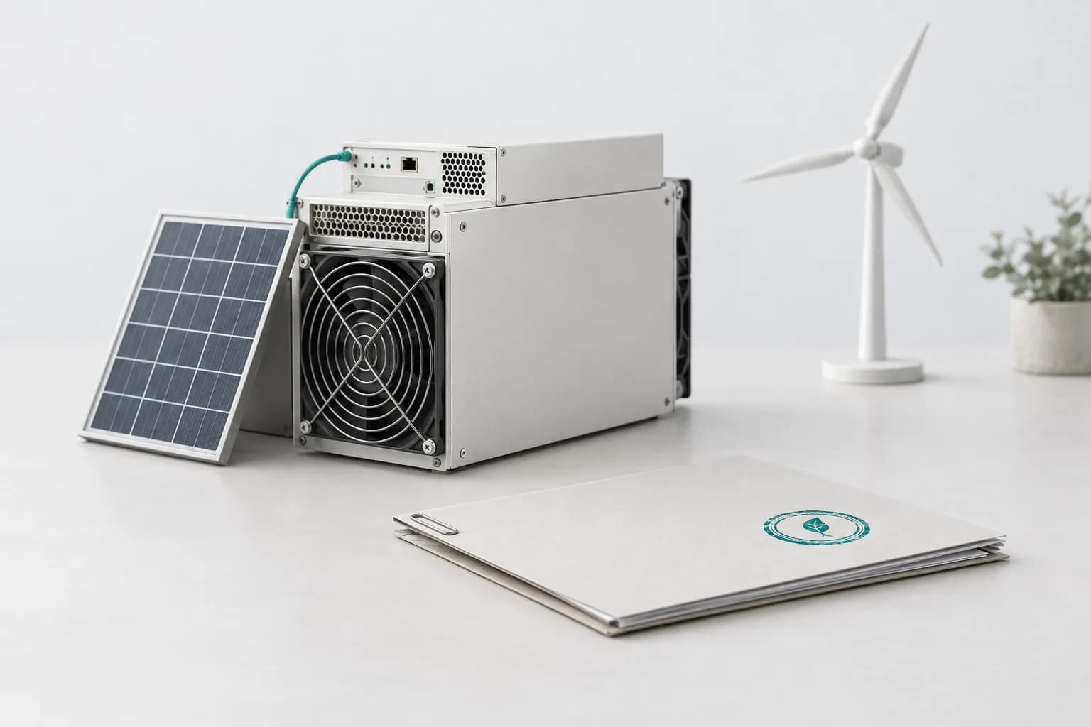 A matte ASIC miner on a light desk next to a solar panel, a folder of documents with a turquoise seal and a small wind turbine — illustration for an article on mining permits in Uzbekistan