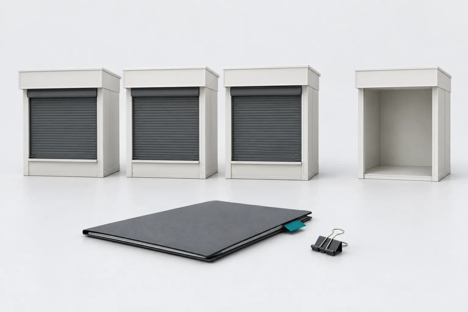 Three miniature matte kiosks with their roller shutters down and, slightly apart, an empty fourth one without a shutter, next to a closed folder of documents — illustration for a piece on NAPP suspending crypto store licenses