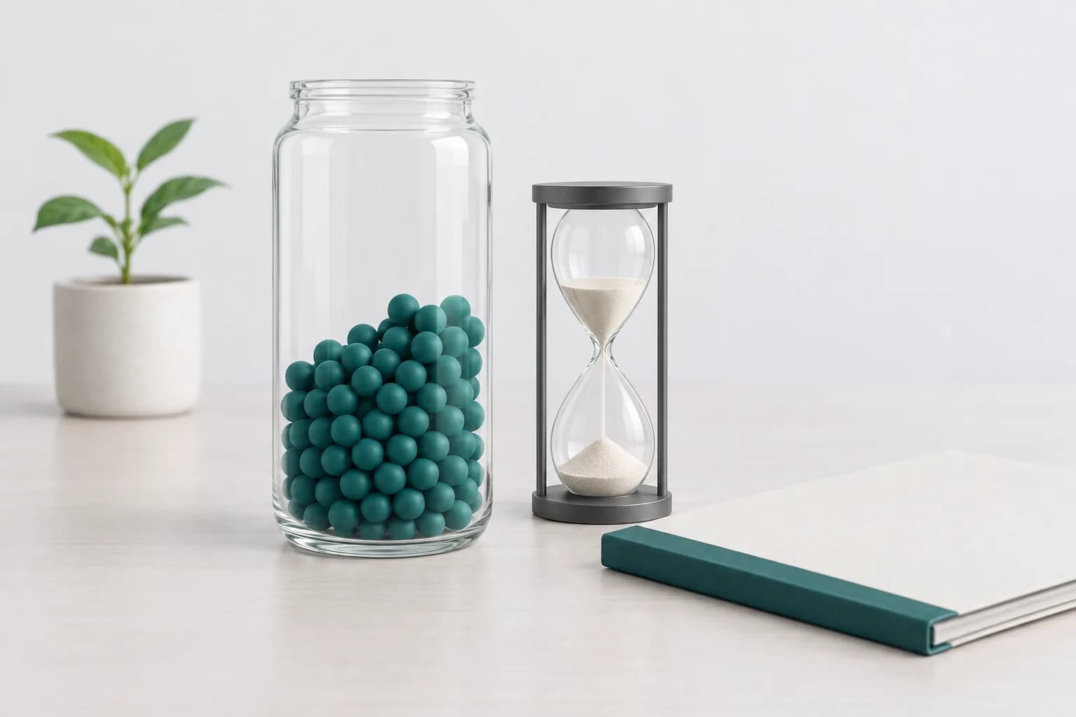 A glass jar-shaped piggy bank with matte turquoise balls, an hourglass and a closed document folder on a light desk