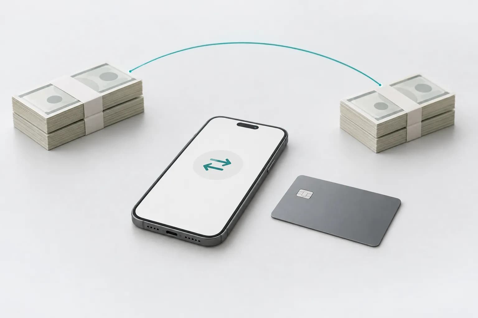 A smartphone showing a transfer screen next to a bank card and two stacks of unmarked banknotes joined by a thin turquoise line, on a light background