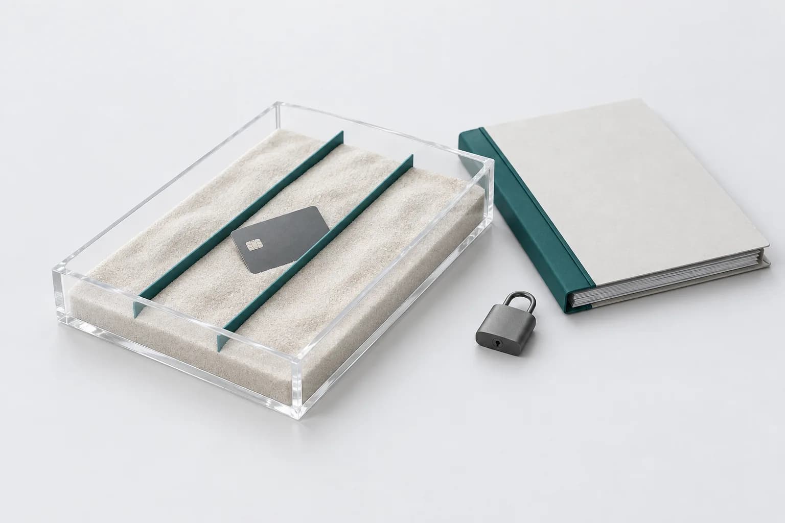 A transparent tray of sand divided into three lanes, next to a document folder with a turquoise spine and a padlock on a light background
