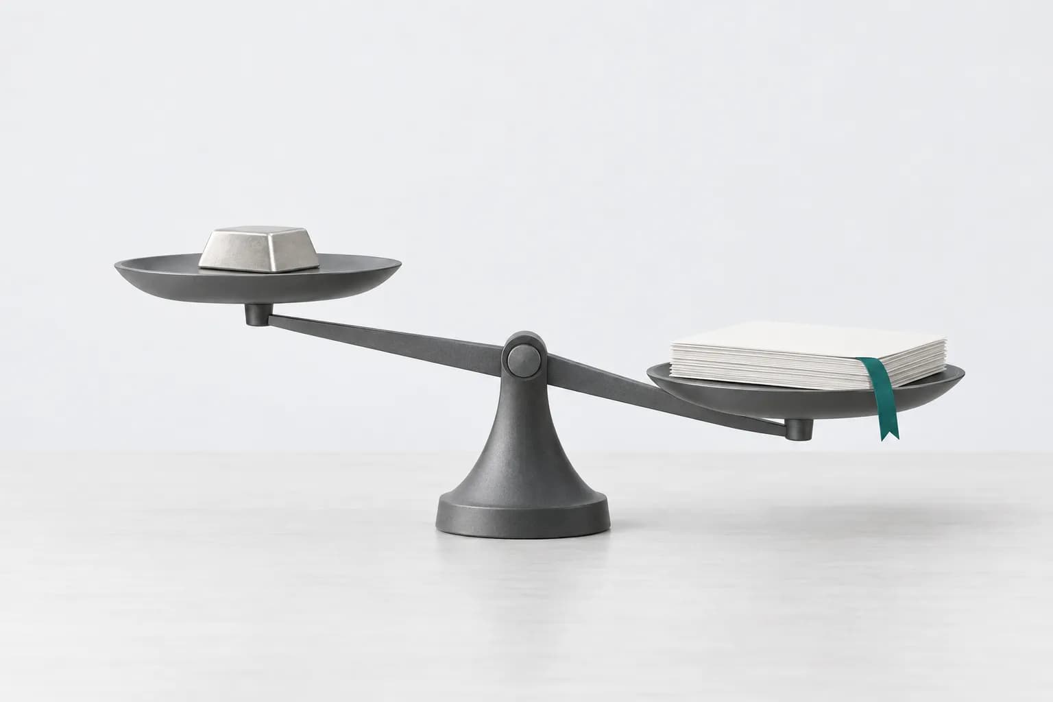 Frosted two-pan scales on a light table: one pan holds a small smooth unmarked bar, the other a thin stack of blank bond certificates with a teal bookmark, and it weighs more