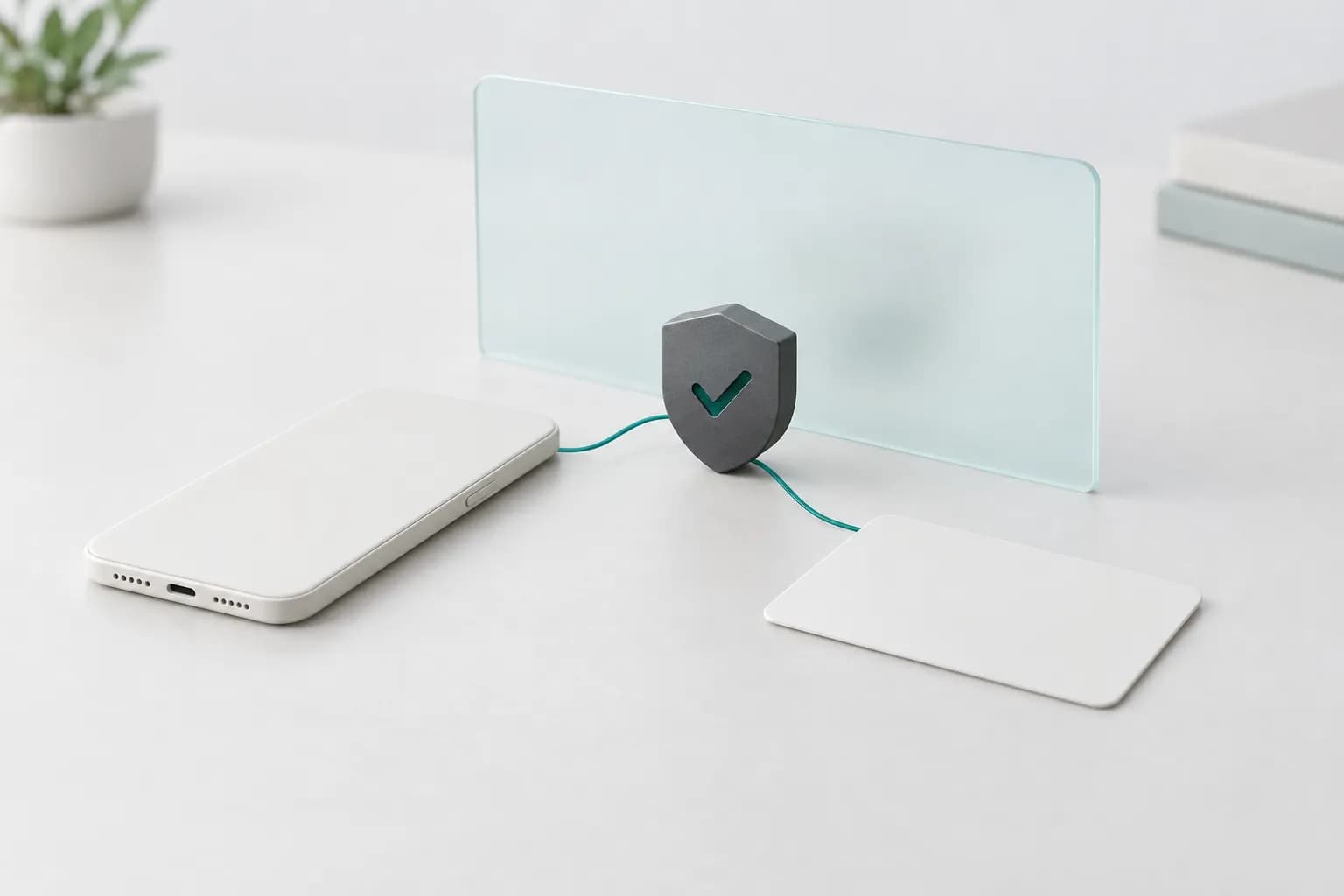 A smartphone and a blank ID card with no lettering, connected by a thin turquoise line to a matte shield-shaped block on a light desk — illustration for the updated internal control rules for crypto assets in Uzbekistan