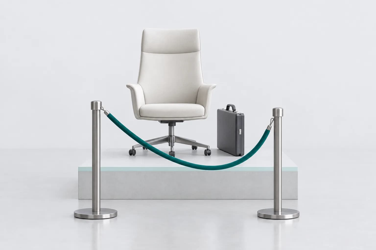 An empty office chair and a closed matte briefcase on a light podium behind a low barrier with a turquoise cord — illustration for NAPP approval of the sale of a stake and a change of management at a crypto provider