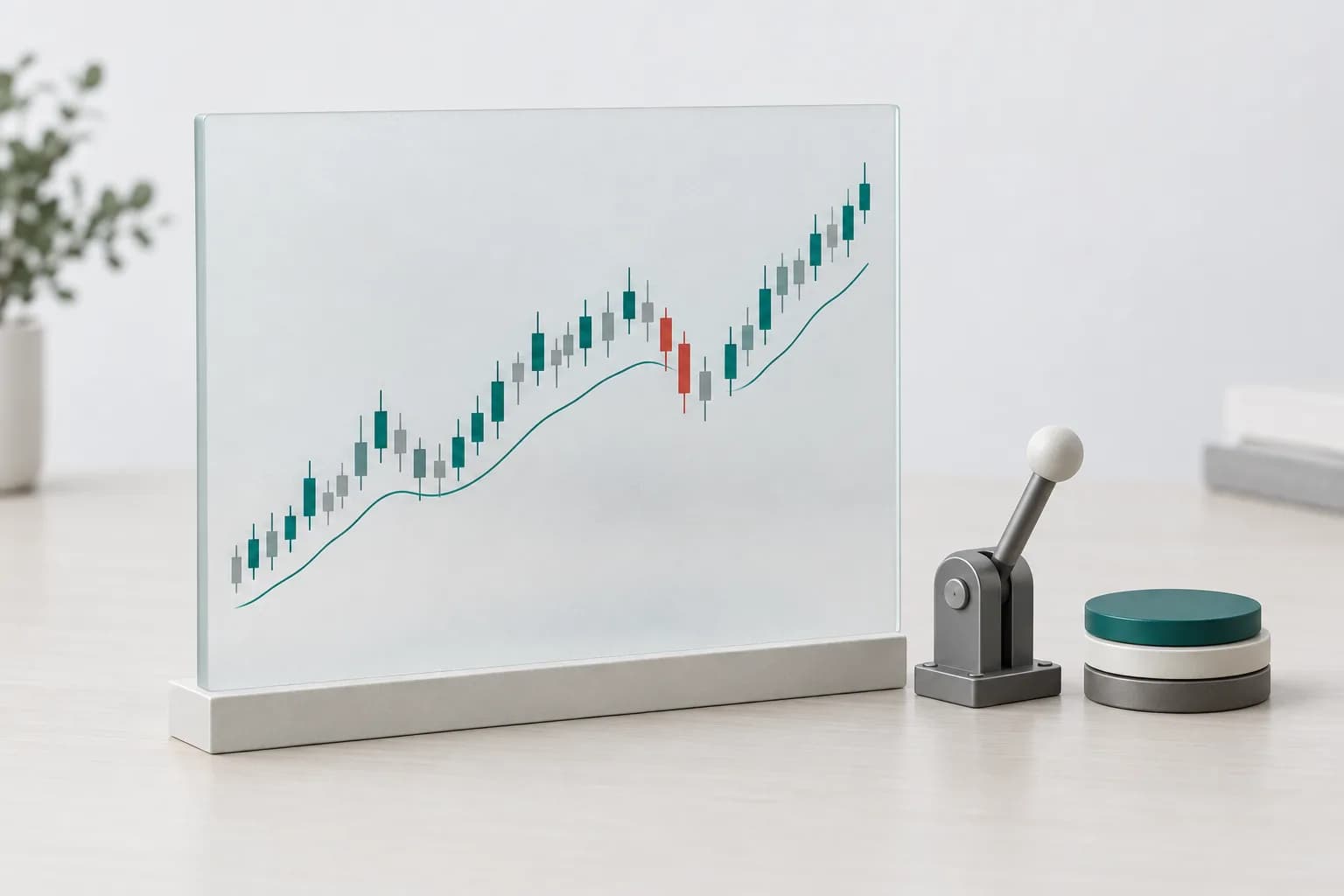 Yorug‘ fonda shamchali grafik va savdo stakani tushirilgan mat shisha panel, feruza rangli urg‘u