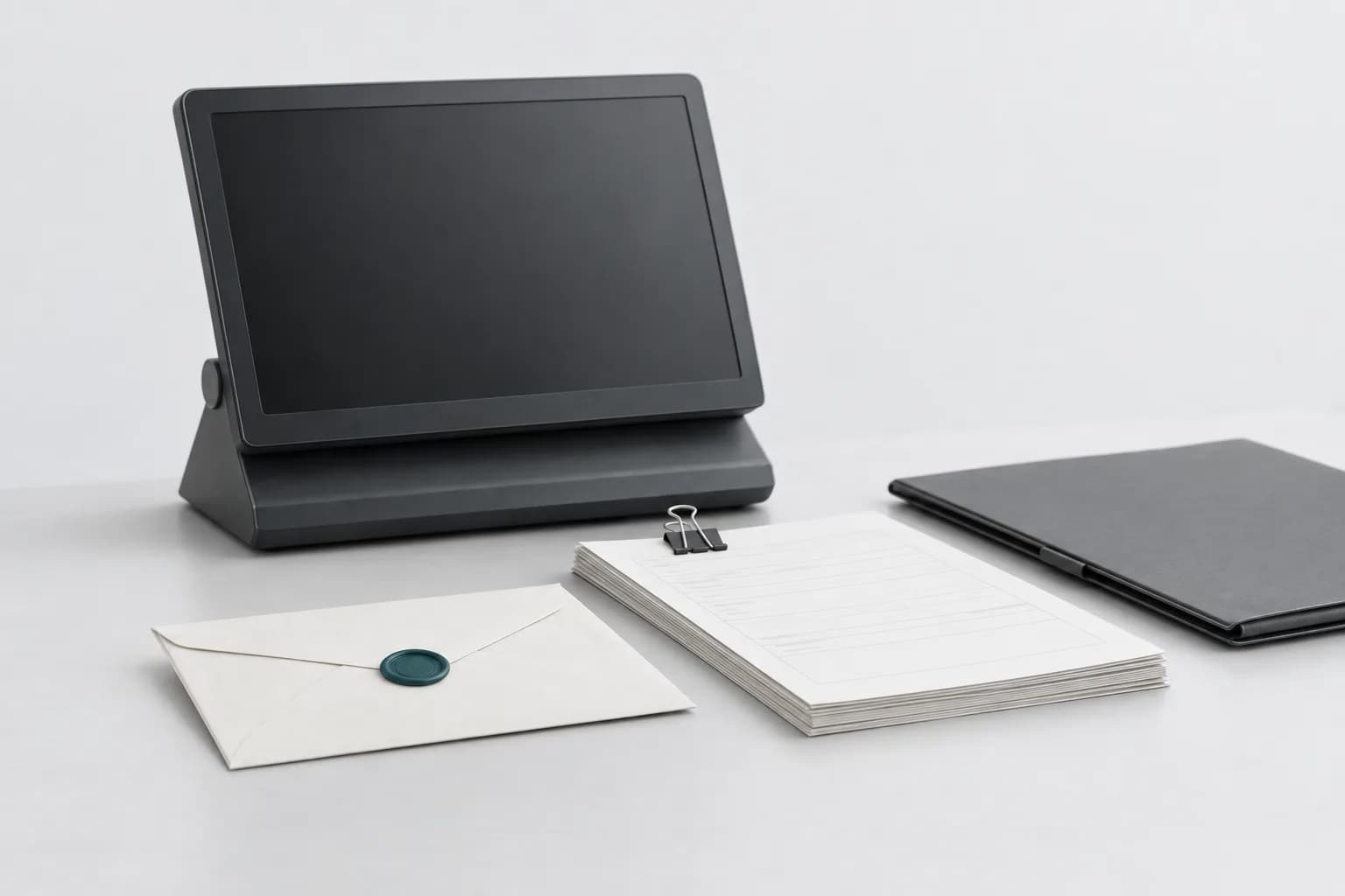A closed matte exchange terminal and an envelope with a refund application next to a folder of documents on a light desk — illustration for a piece on refunds to UzNEX clients
