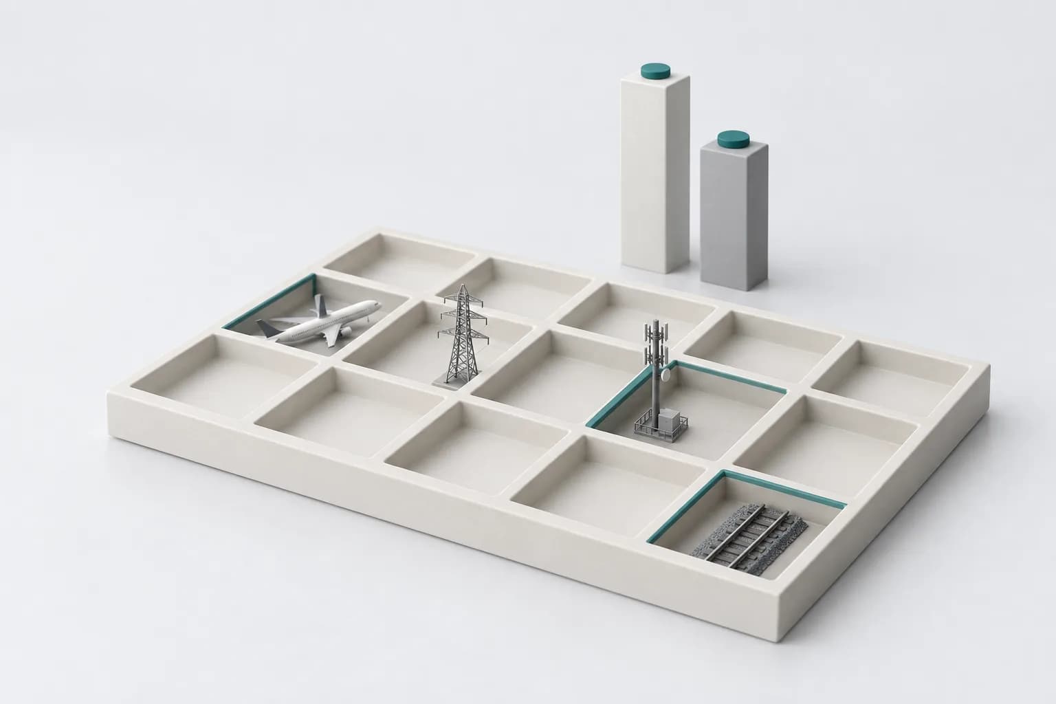 A matte grid tray with cells, four of them holding miniatures of an airplane, a power line pylon, a telecom tower and a rail, with two stands of different heights with turquoise markers behind it — illustration for a review of the National Investment Fund of Uzbekistan