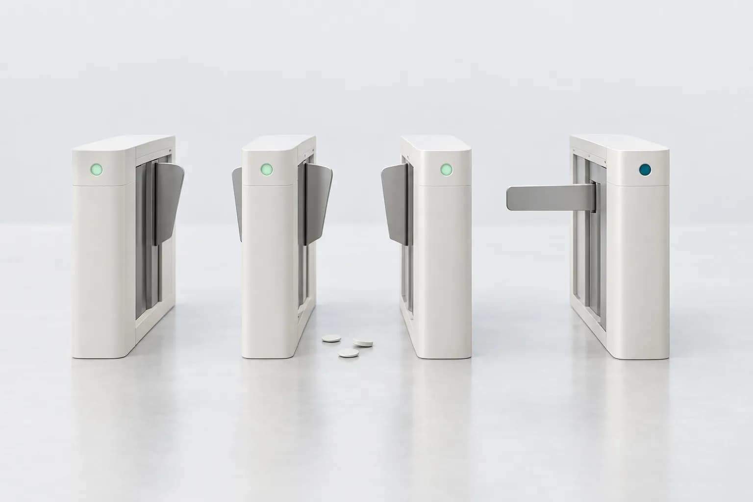 A row of four matte turnstile gates on a light background: three are open, the fourth is closed and marked with a turquoise indicator — illustration for an article on the Bitget hack and the phased resumption of withdrawals