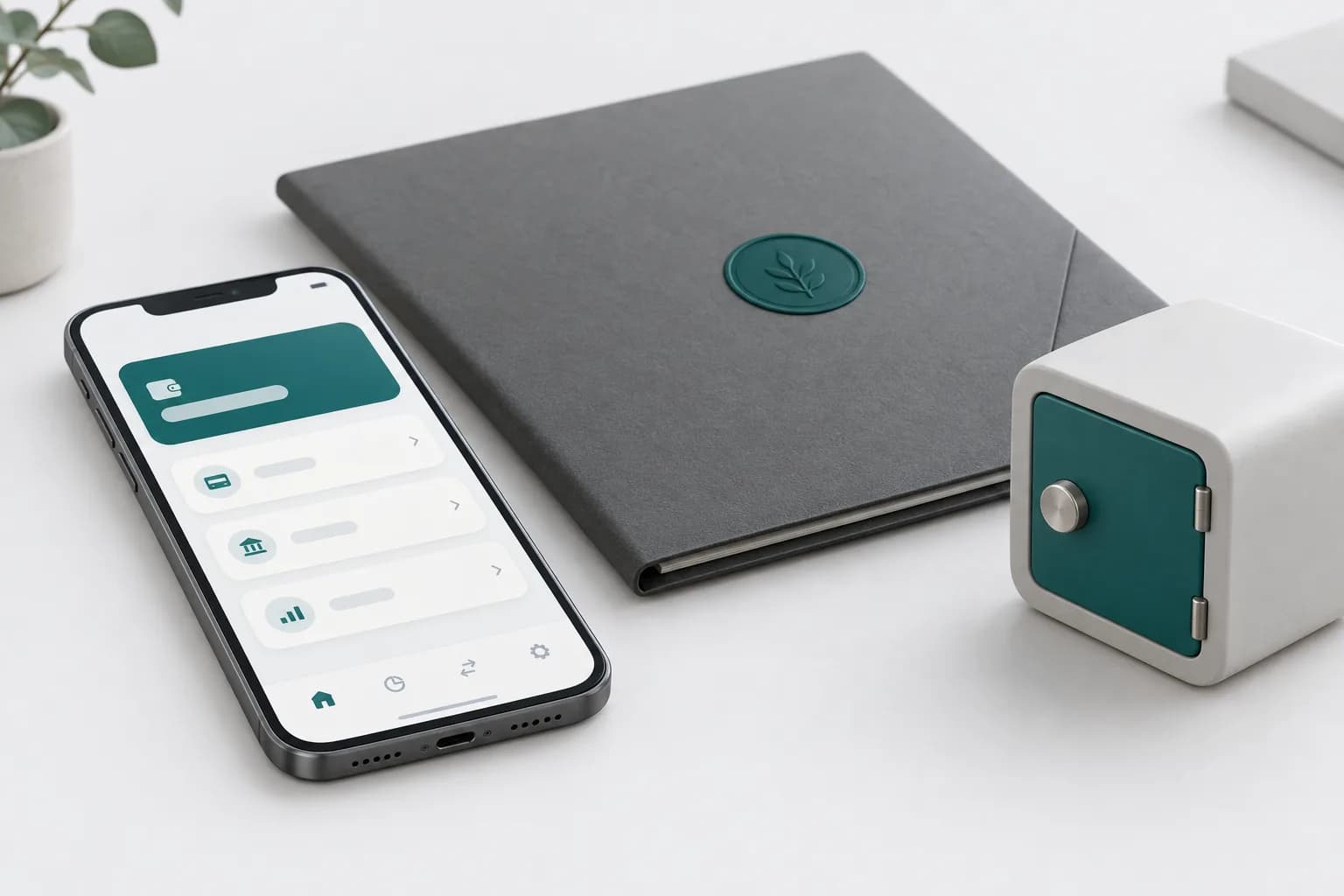 A smartphone with an abstract wallet screen next to a license folder and a matte safe module on a light desk — illustration for a piece on the license of Wallet in Telegram in Uzbekistan